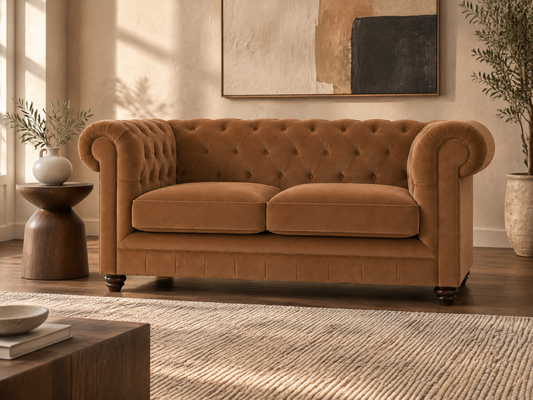 A classic Chesterfield loveseat sofa upholstered in warm camel brown velvet, set in a beautifully styled living room with a wooden side table, potted plants, and a textured rug.