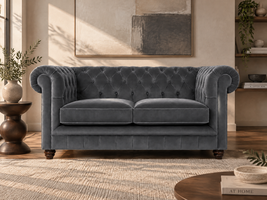 A classic Chesterfield loveseat sofa upholstered in textured gray velvet, set in a beautifully styled living room with warm sunlight, a patterned rug, and wooden furniture.