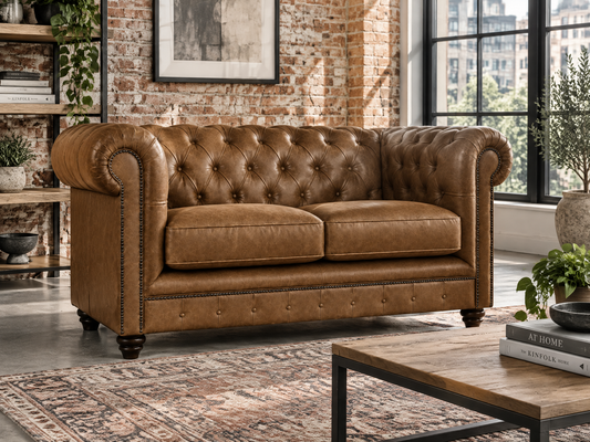 A brown leather Chesterfield loveseat sofa with tufted button detailing, rolled arms, nailhead trim, and dark wooden legs, shown in a styled living room setting with a brick wall, window, rug, and coffee table.