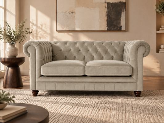 A light beige tufted loveseat sofa in a beautifully styled living room with warm sunlight, a textured rug, and abstract wall art.