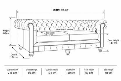 Black and white line drawing of a tufted sofa or bench with dimension labels showing overall width, height, depth, seat width, seat depth, and seat height.