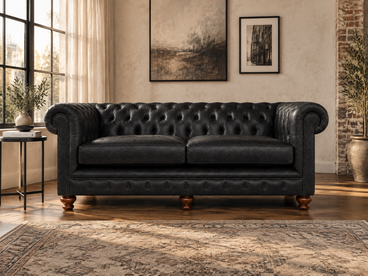 A black tufted leather Chesterfield loveseat sofa with rolled arms, nailhead trim, and wooden legs, positioned in a styled living room with a patterned rug, side table, window, and framed wall art.