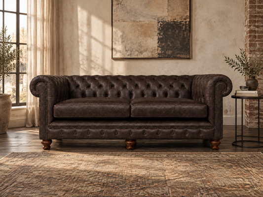 A dark brown tufted leather loveseat sofa in a rustic, sunlit living room with a patterned rug, side table, brick column, and abstract wall art.