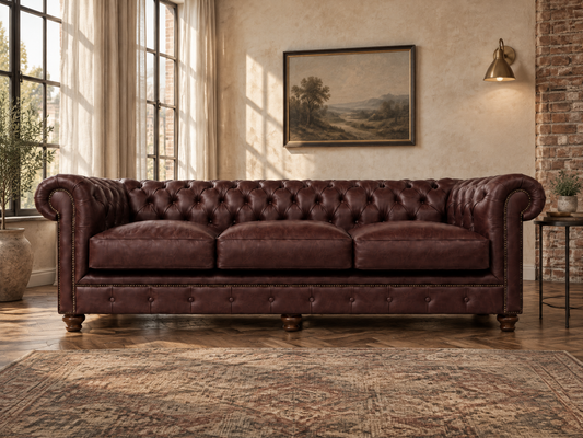 A classic Chesterfield loveseat sofa upholstered in deep burgundy leather, set in a rustic, sunlit room with a brick column, patterned rug, and wall-mounted lamp.