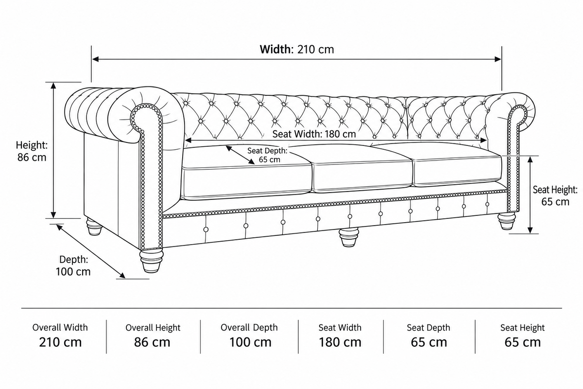 Black and white line drawing of a tufted sofa with dimension labels for width, height, depth, and seat measurements, plus a summary table at the bottom.