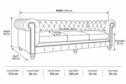Black and white line drawing of a tufted sofa with dimension labels for width, height, depth, and seat measurements, plus a summary table at the bottom.