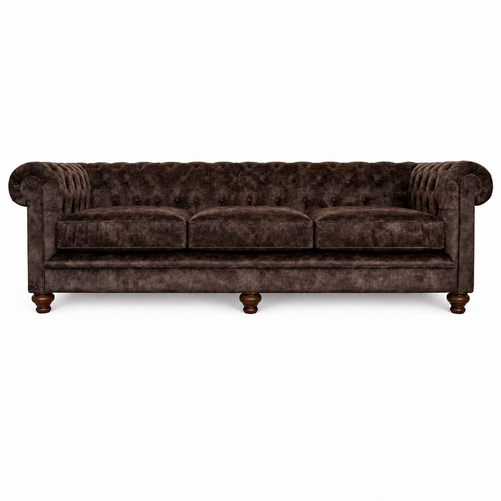 A classic Chesterfield-style three-seater sofa upholstered in dark brown velvet, featuring deep button tufting, rolled arms, and turned wooden legs, shown against a plain white background.