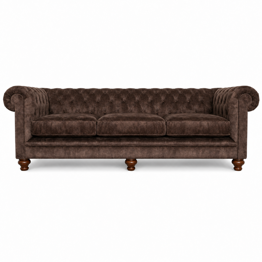 A classic Chesterfield-style three-seater sofa upholstered in dark brown velvet, featuring deep button tufting, rolled arms, and turned wooden legs, shown against a plain white background.