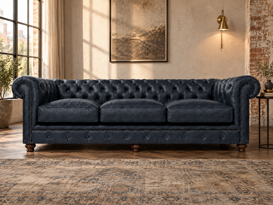 A navy blue tufted Chesterfield sofa with rolled arms and wooden legs, positioned in a styled living room with a patterned rug, brick wall, and warm window light.