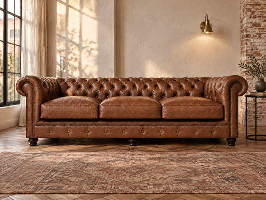 A brown leather Chesterfield sofa with deep button tufting, rolled arms, and dark wooden legs, positioned in a rustic room with a patterned rug, brick wall, and warm sunlight.