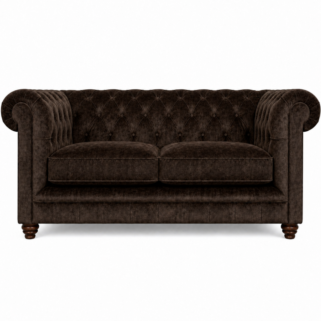 Brown velvet sofa with tufted backrest on a white background