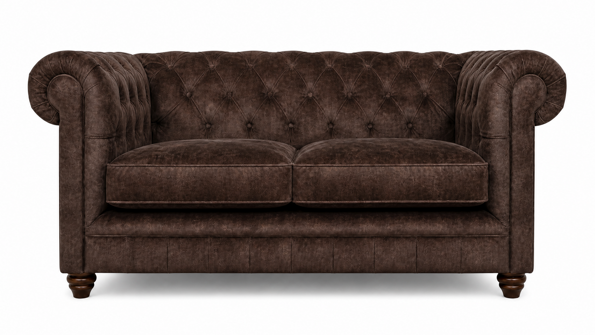 Brown velvet sofa with tufted backrest on a white background