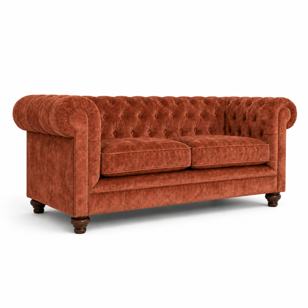 Orange velvet sofa on a white background