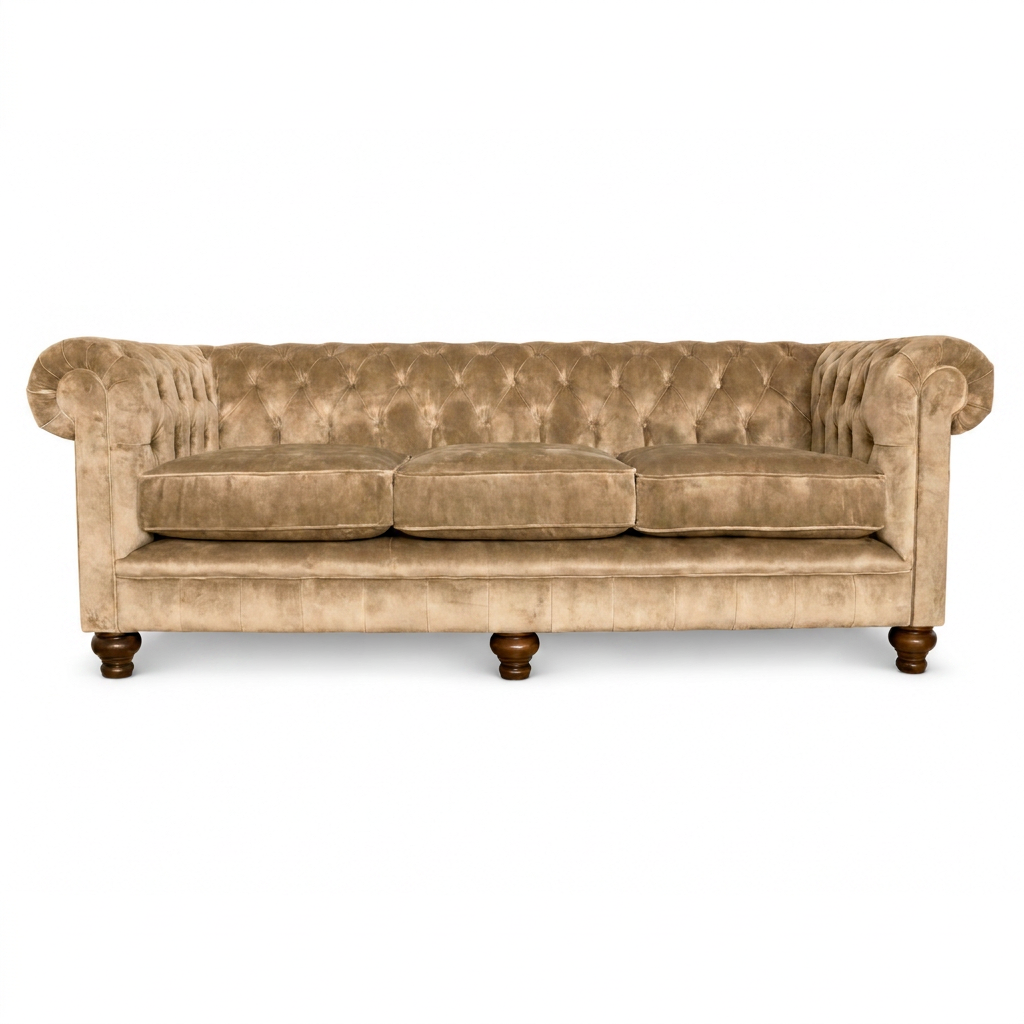 Beige velvet sofa with wooden legs on a white background