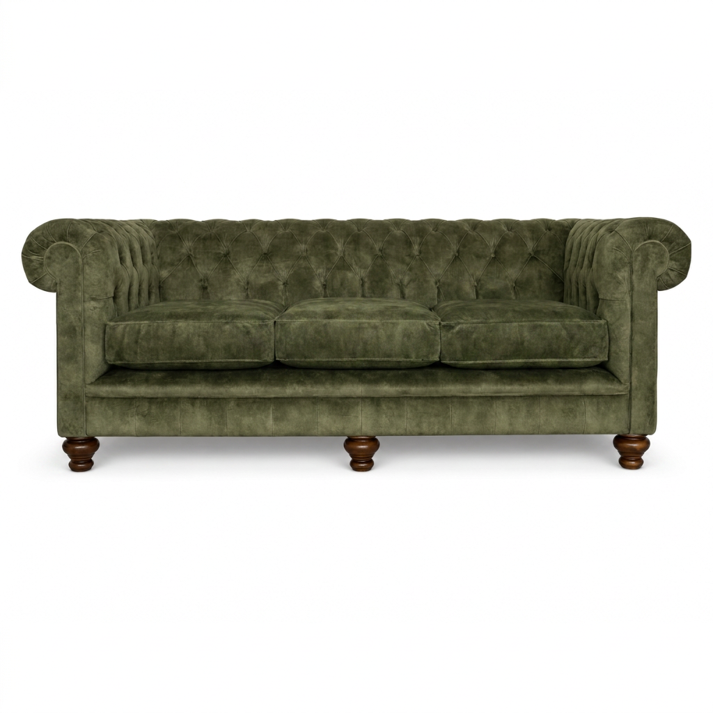 Green velvet sofa with wooden legs on a white background
