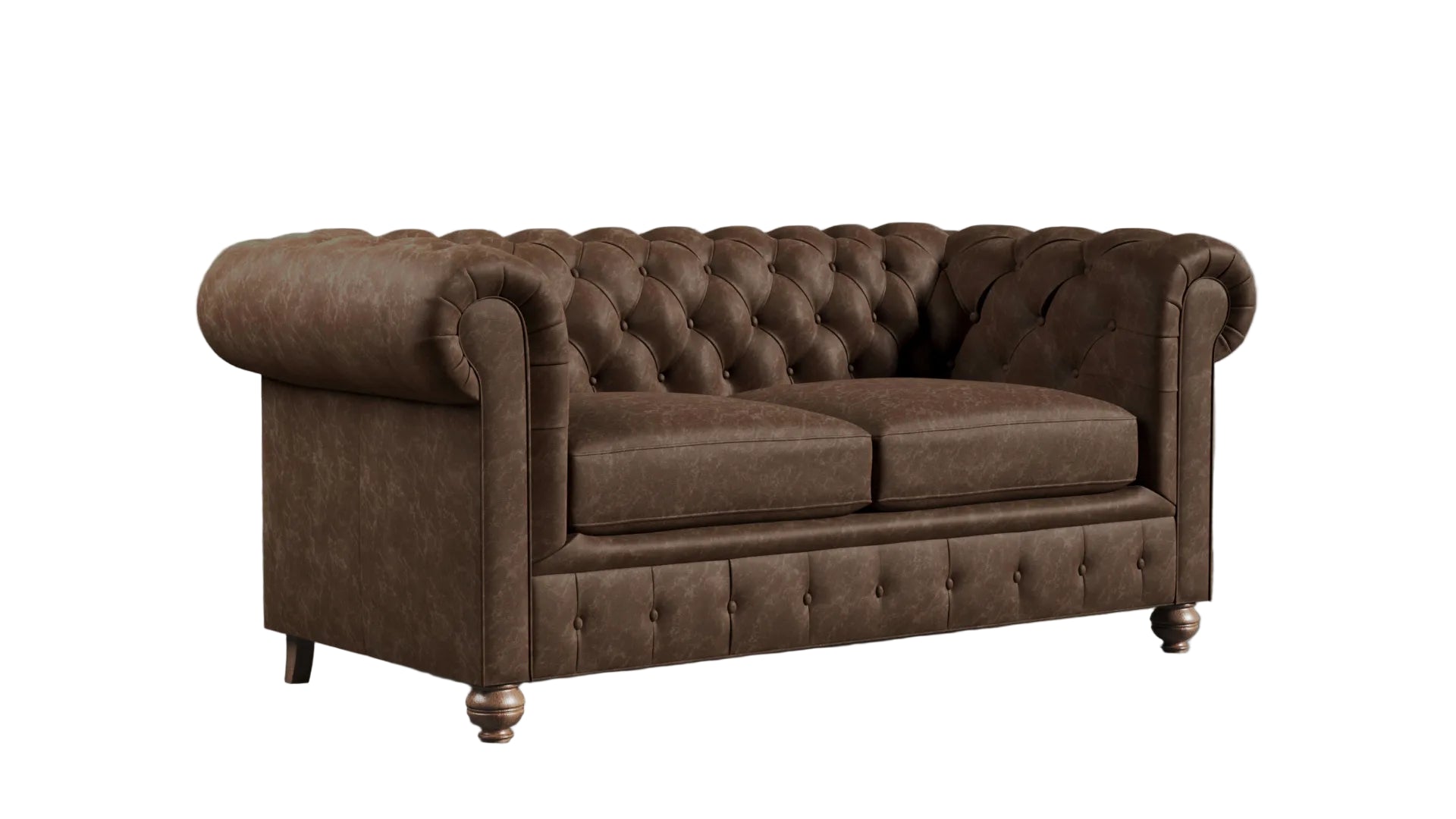 Brown leather chesterfield sofa against a textured wall.