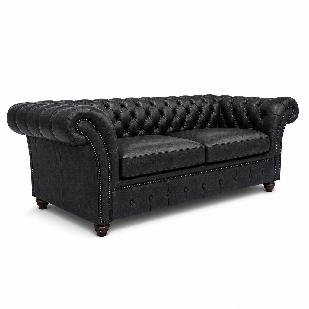 Black leather Chesterfield sofa on a white background