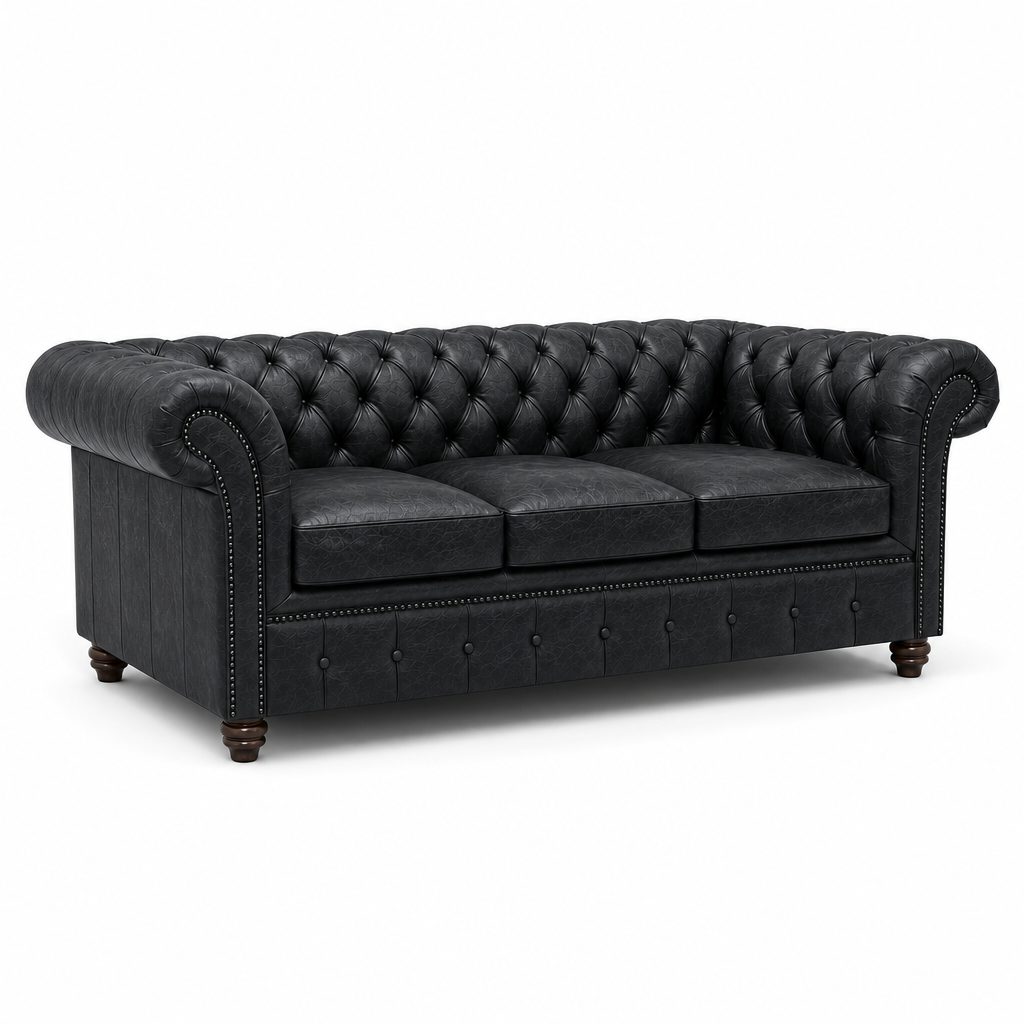 Black leather Chesterfield sofa on a white background