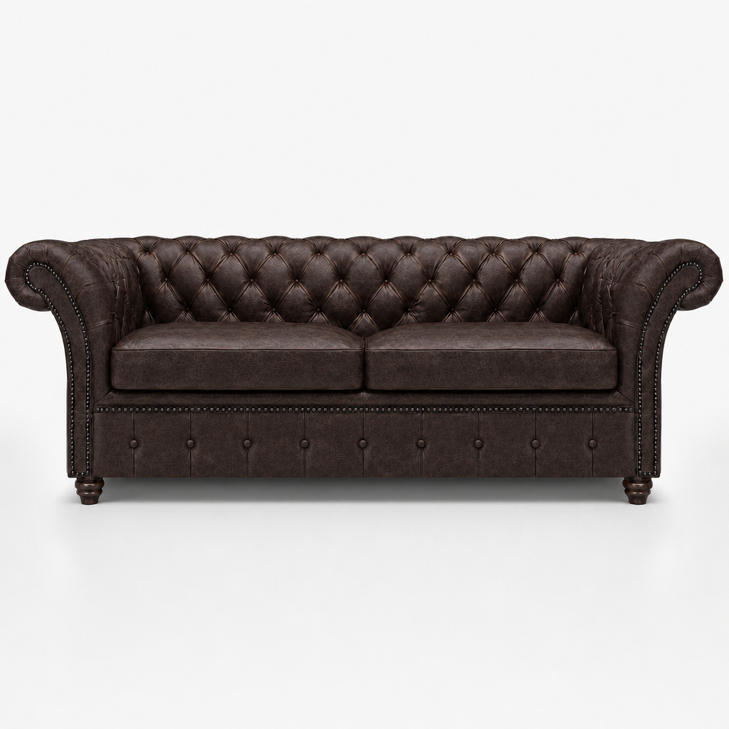 Brown leather sofa with tufted backrest on a white background