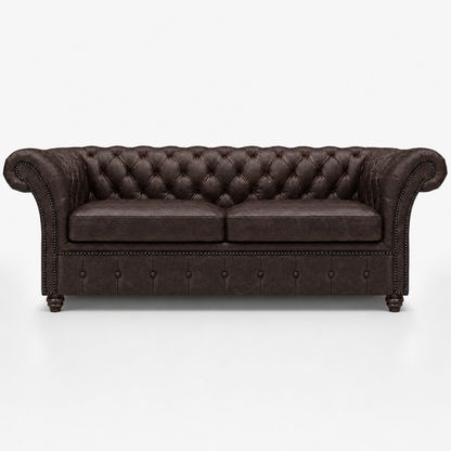 Brown leather sofa with tufted backrest on a white background