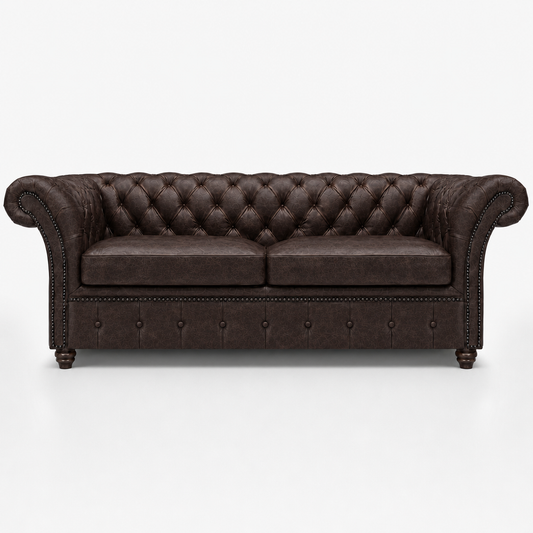 Brown leather sofa with tufted backrest on a white background