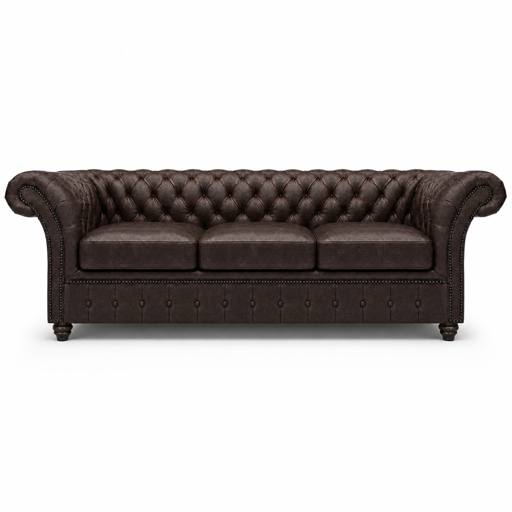 Brown leather sofa with tufted backrest on a white background