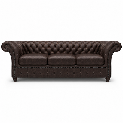 Brown leather sofa with tufted backrest on a white background