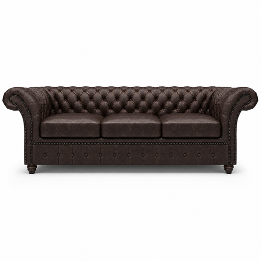 Brown leather sofa with tufted backrest on a white background