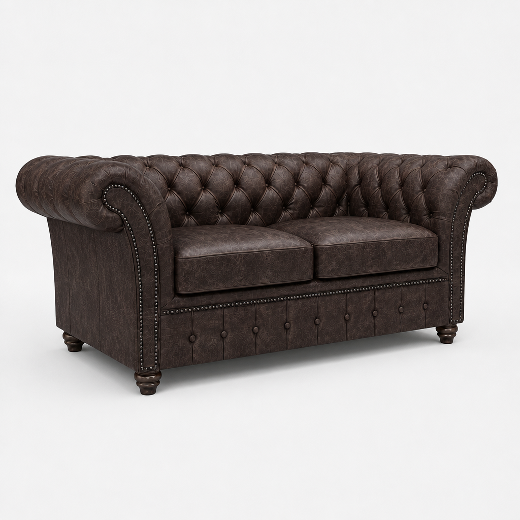 Brown leather sofa with tufted backrest on a white background