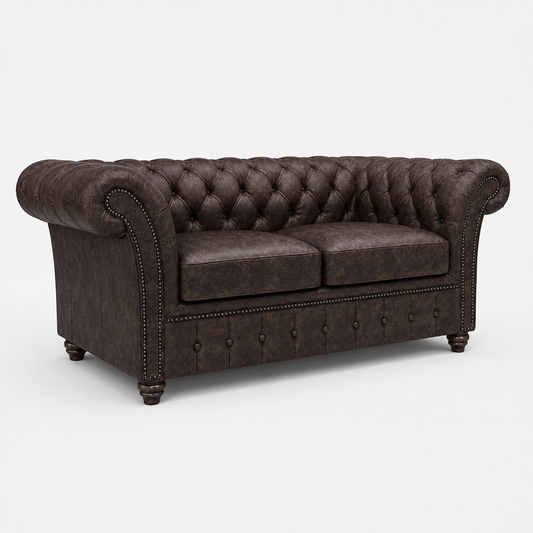 Brown leather sofa with tufted backrest on a white background
