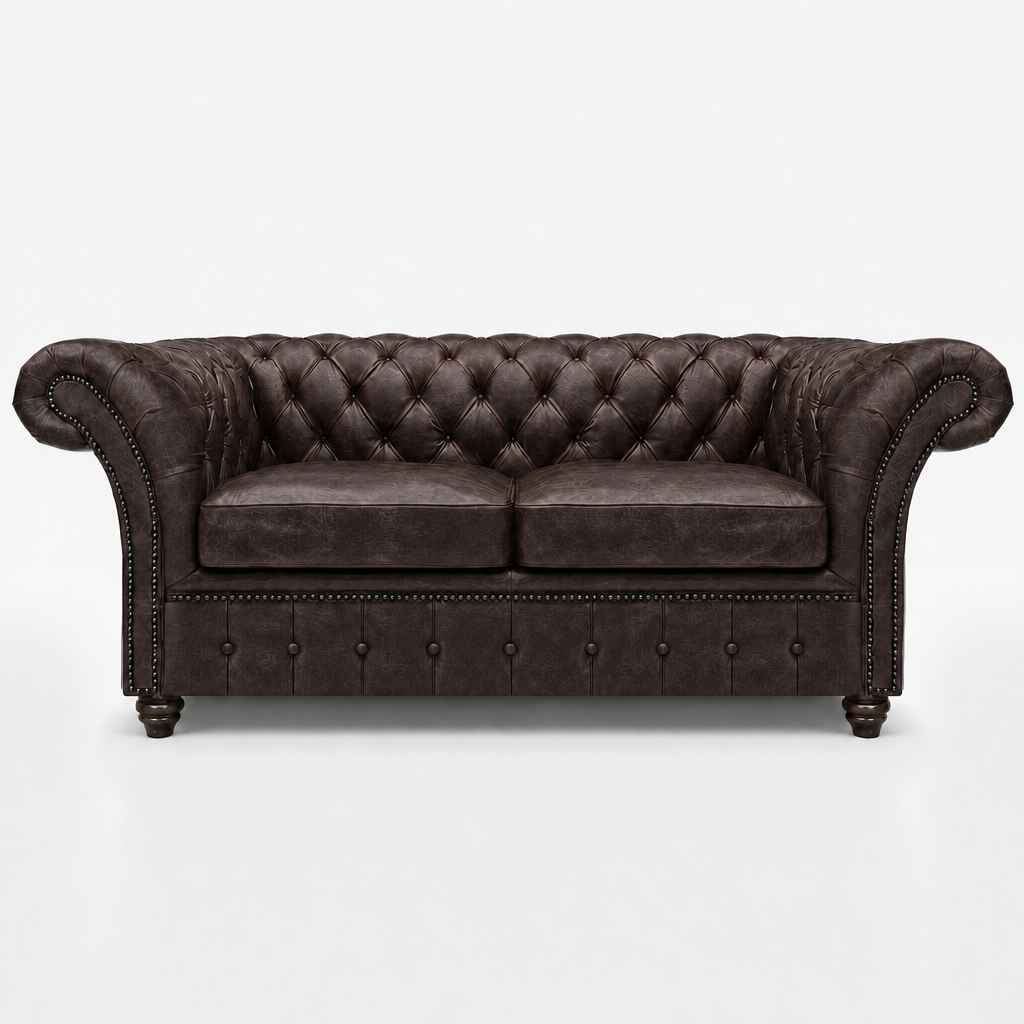 Brown leather sofa with tufted backrest on a white background