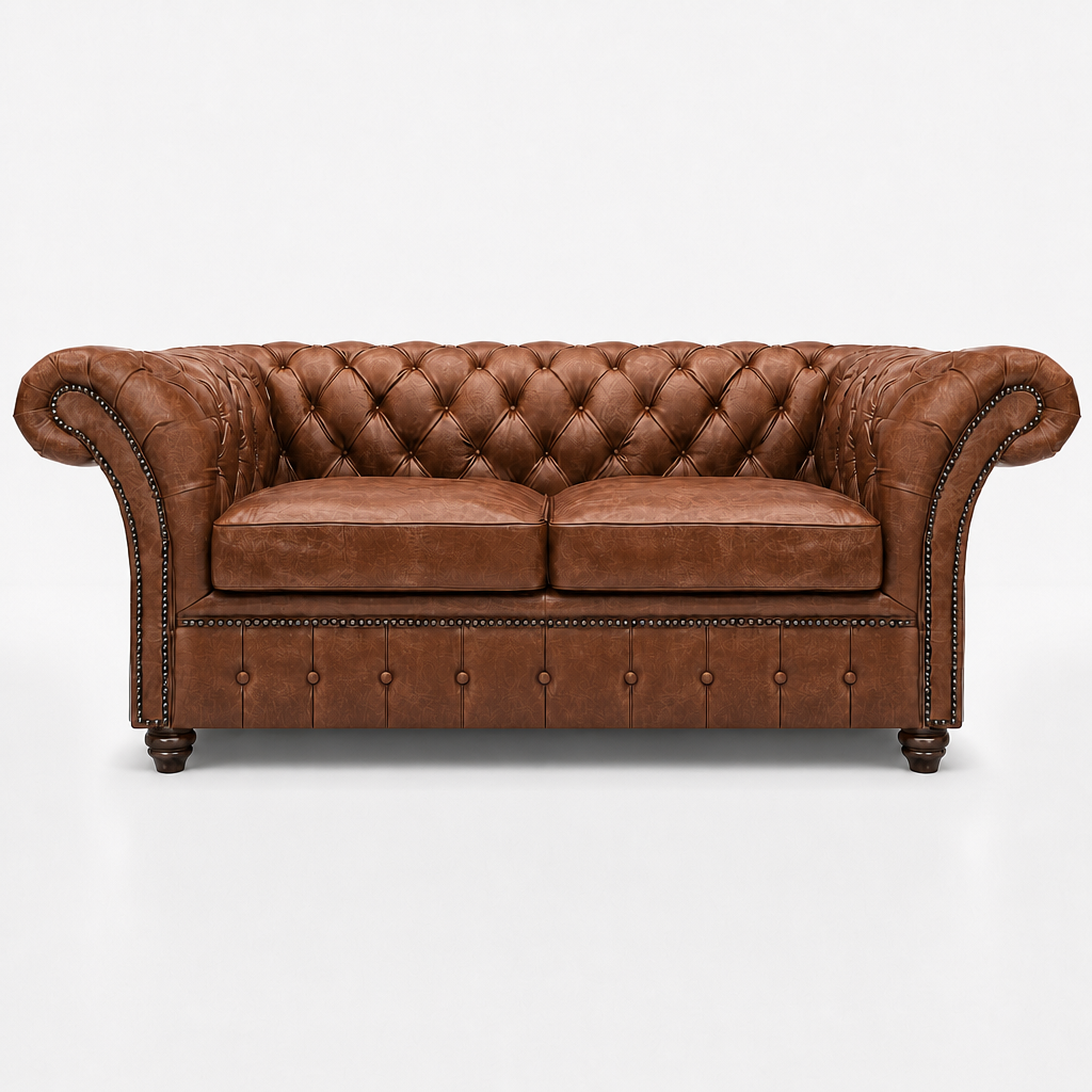 Brown leather sofa with tufted backrest on a white background
