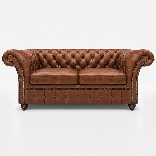 Brown leather sofa with tufted backrest on a white background