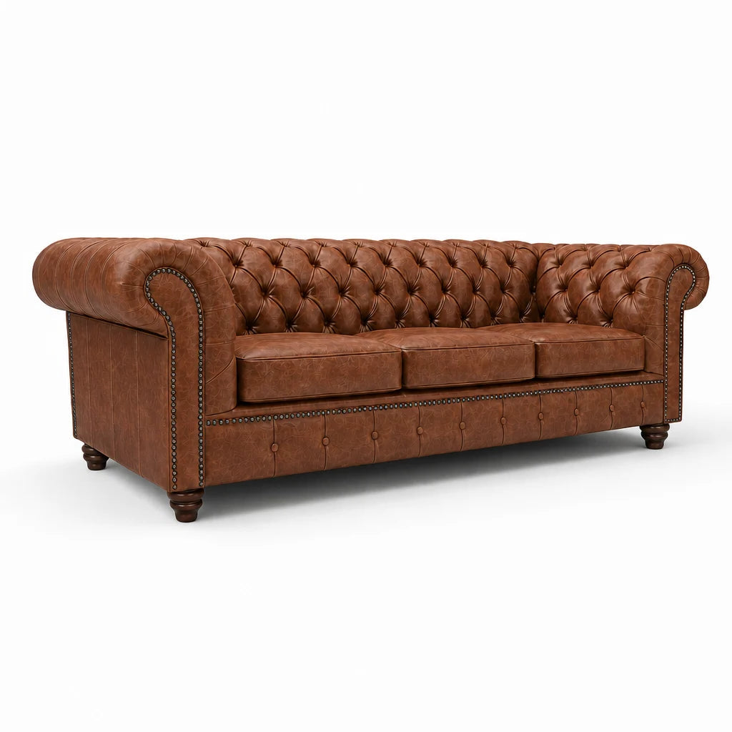 Brown leather sofa with tufted backrest on a white background
