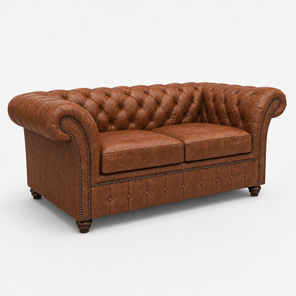 Brown leather sofa with tufted backrest on a white background