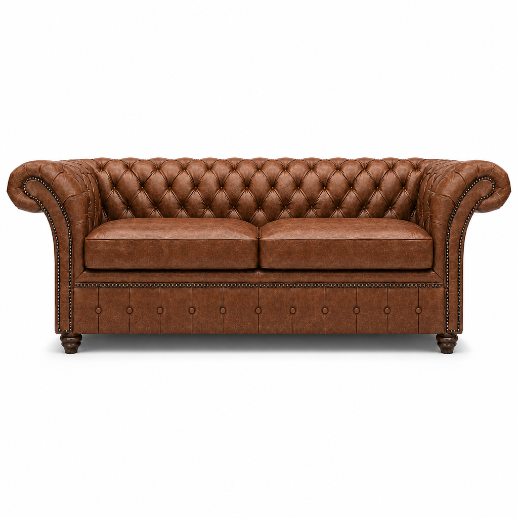 Brown leather sofa with tufted backrest on a white background