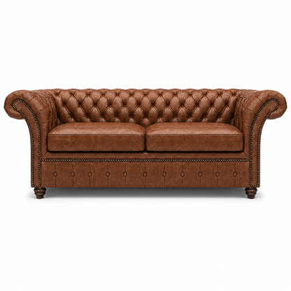 Brown leather sofa with tufted backrest on a white background