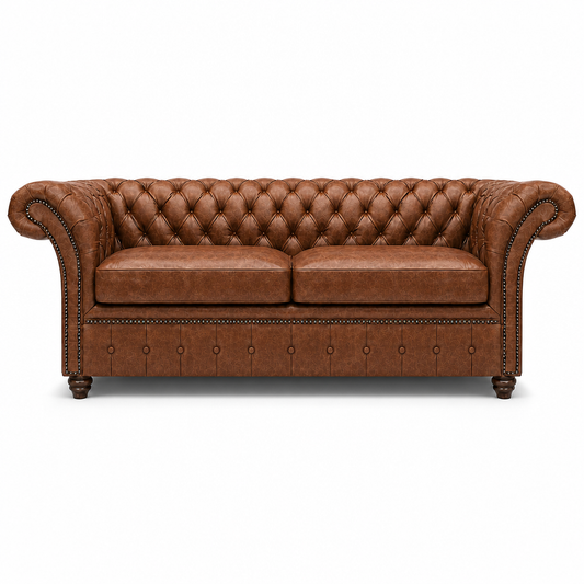 Brown leather sofa with tufted backrest on a white background