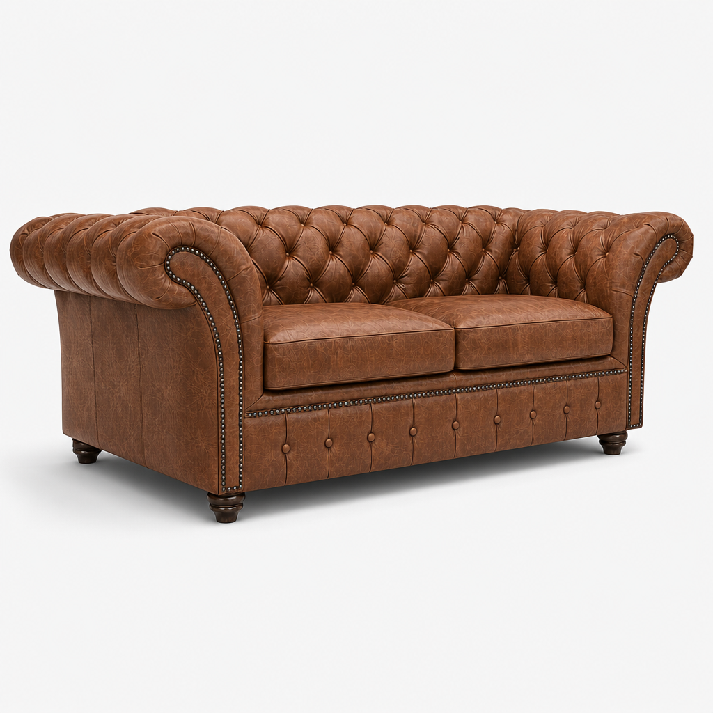 Brown leather sofa with tufted backrest on a white background
