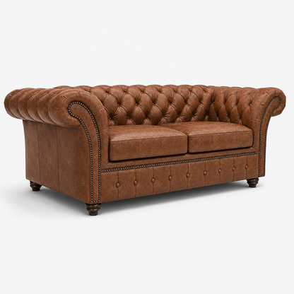 Brown leather sofa with tufted backrest on a white background