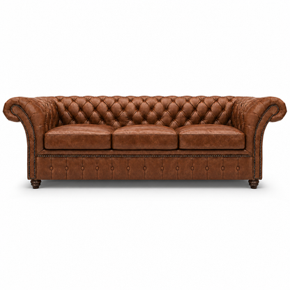 Brown leather sofa with tufted backrest on a white background