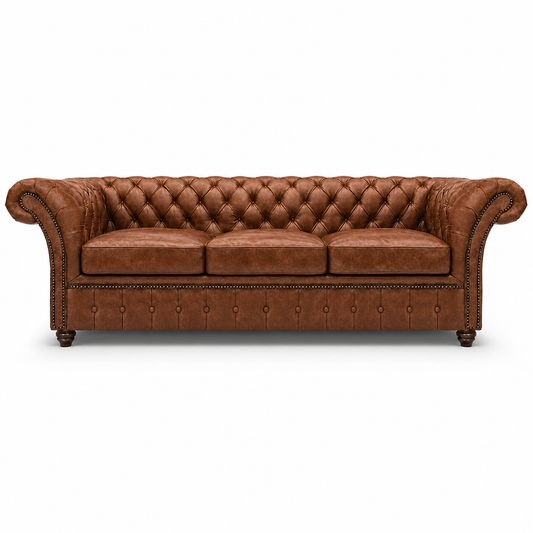 Brown leather sofa with tufted backrest on a white background