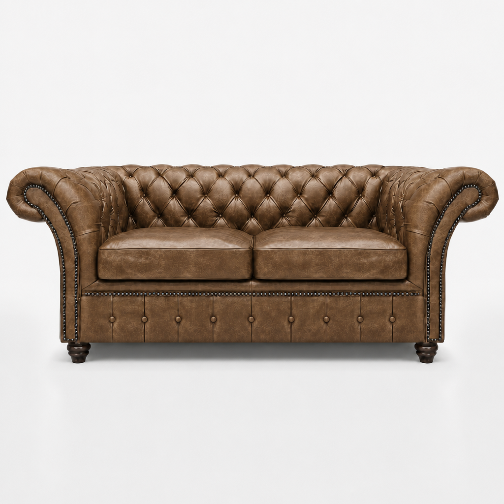 Brown leather sofa with tufted backrest on a white background