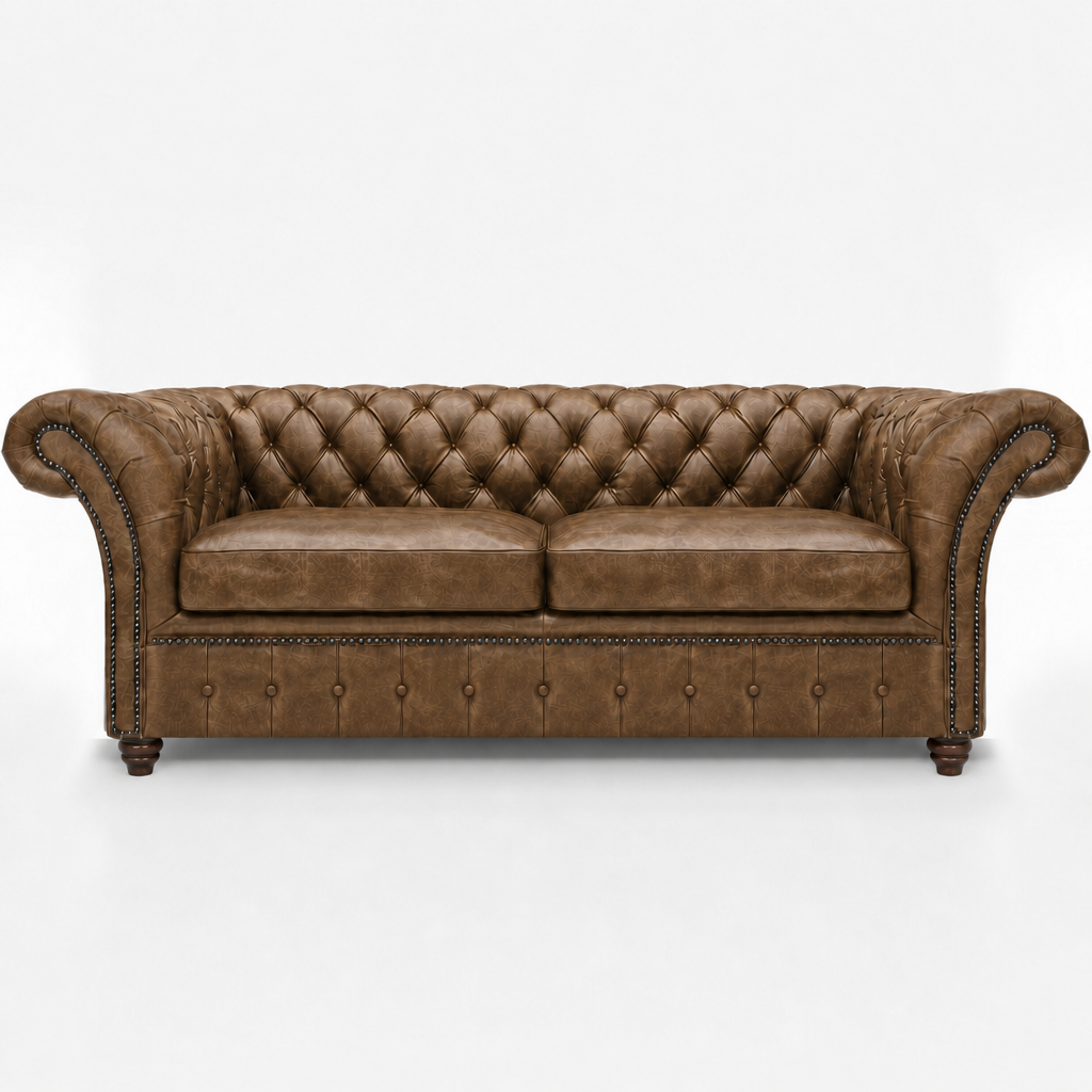 Brown leather sofa with tufted backrest on a white background