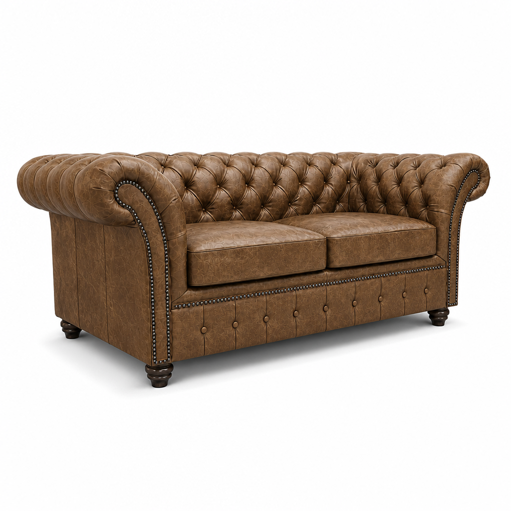 Brown leather sofa with tufted backrest on a white background