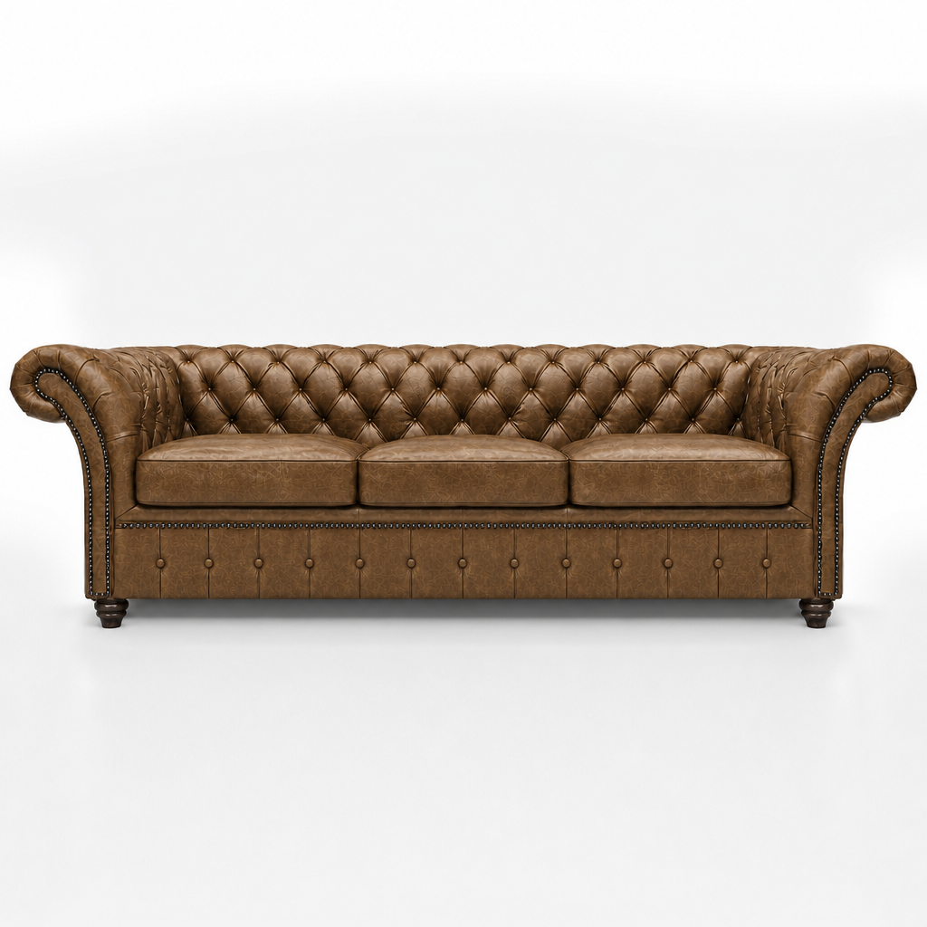 Brown leather sofa with tufted backrest on a white background