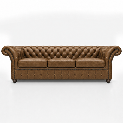 Brown leather sofa with tufted backrest on a white background