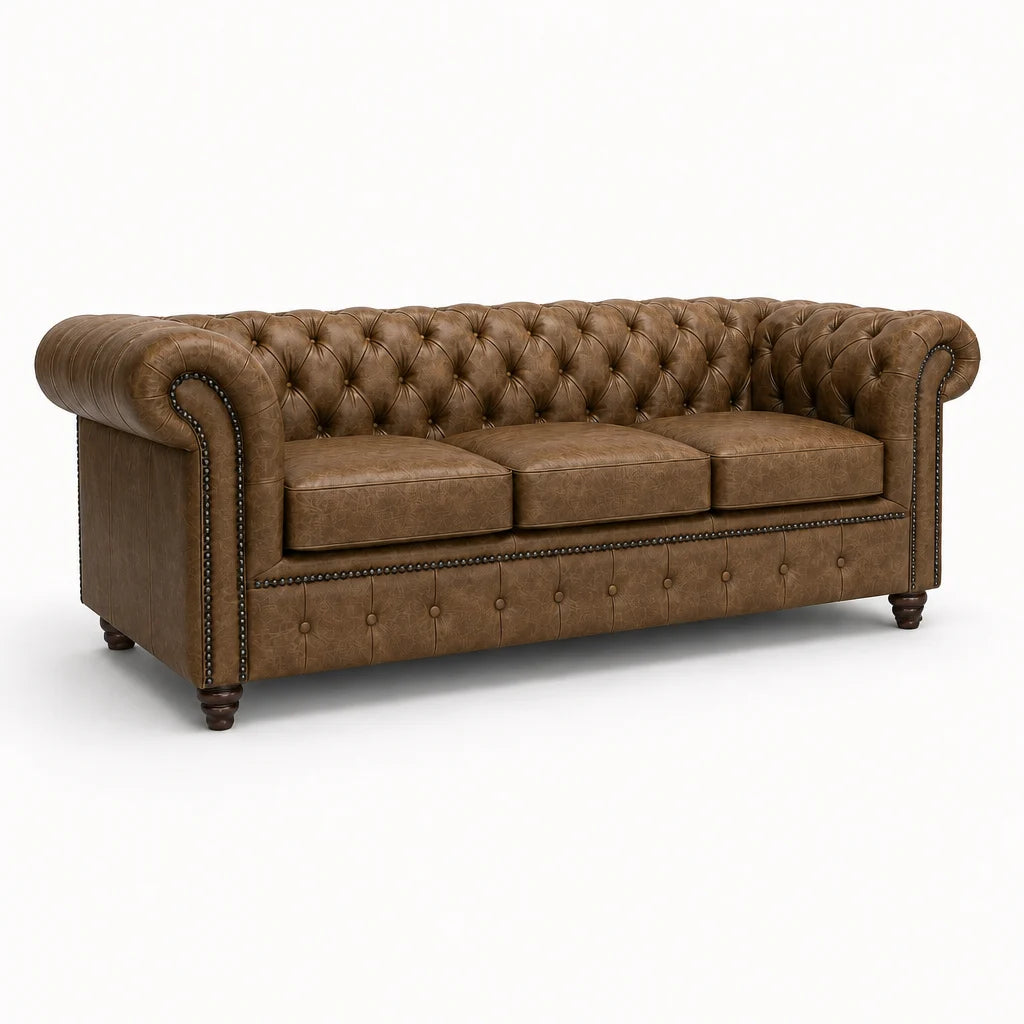 Brown leather sofa with tufted backrest on a white background