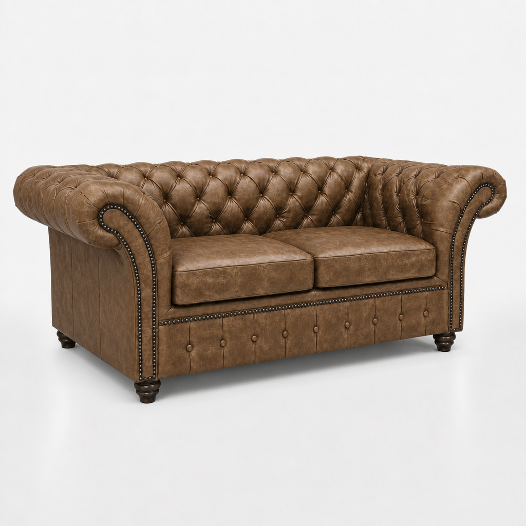 Brown leather sofa with tufted backrest on a white background