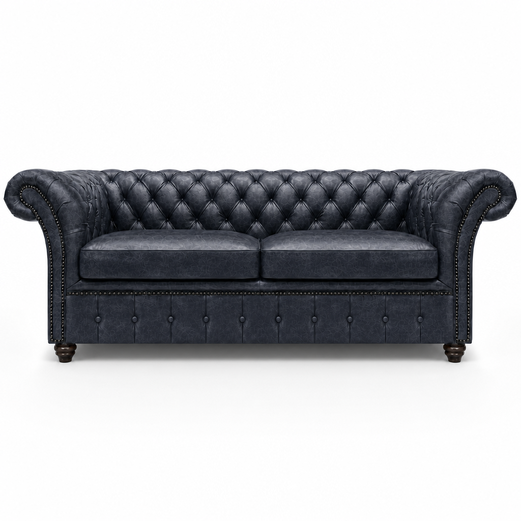 Black leather sofa with tufted backrest on a white background